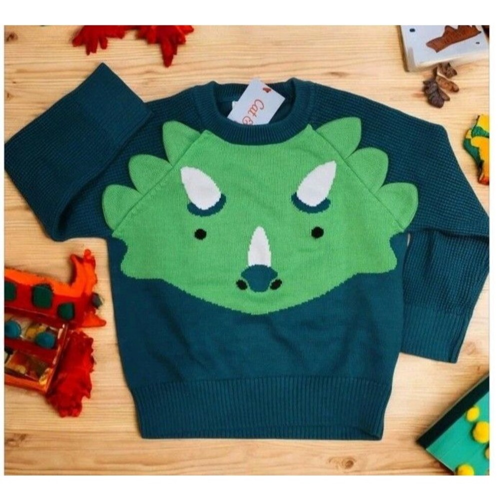 2T Cat & Jack Green Dinosaur Triceratops 100% Cotton Sweater Green Toddler NWT